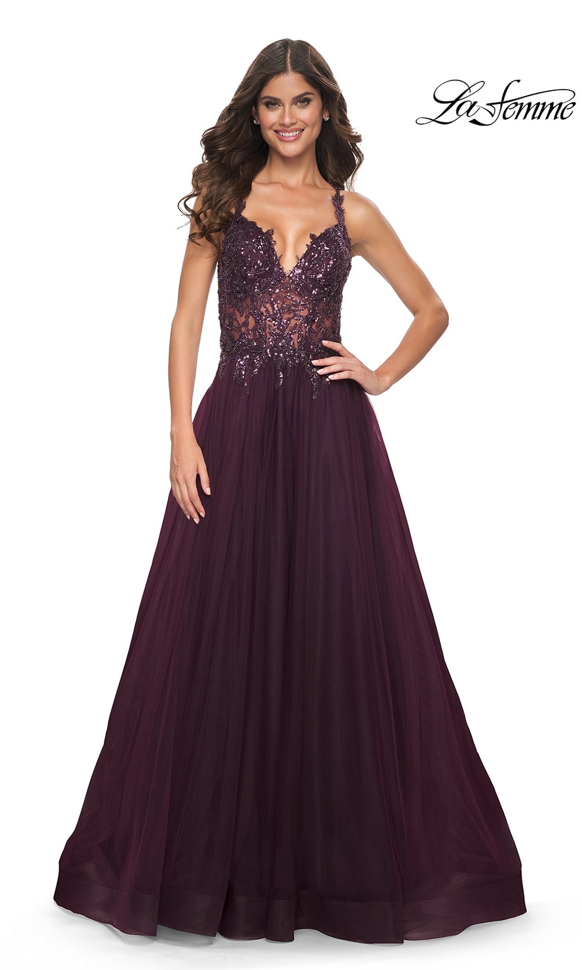 La Femme Beaded-Bodice Long A-Line Prom Gown 31471