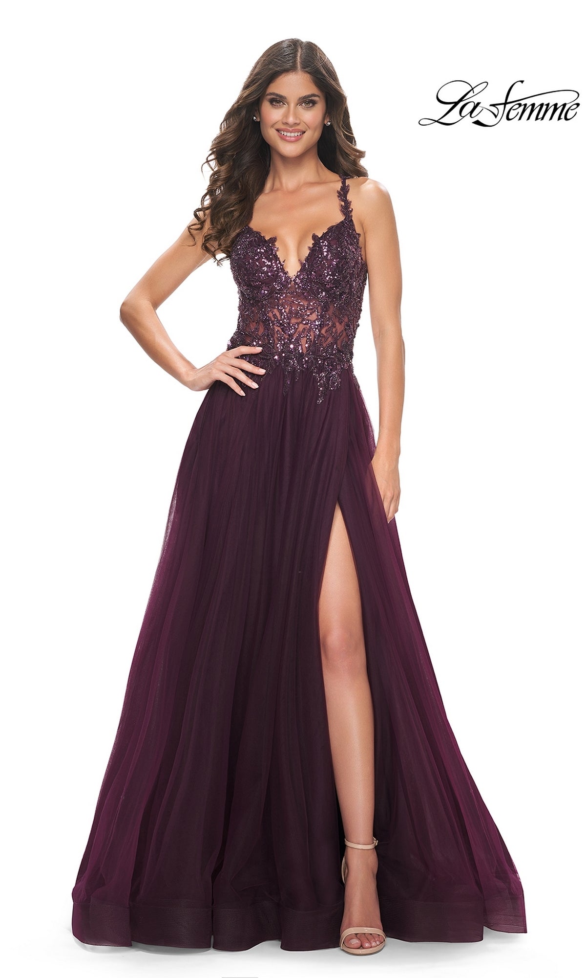 La Femme Beaded-Bodice Long A-Line Prom Gown 31471