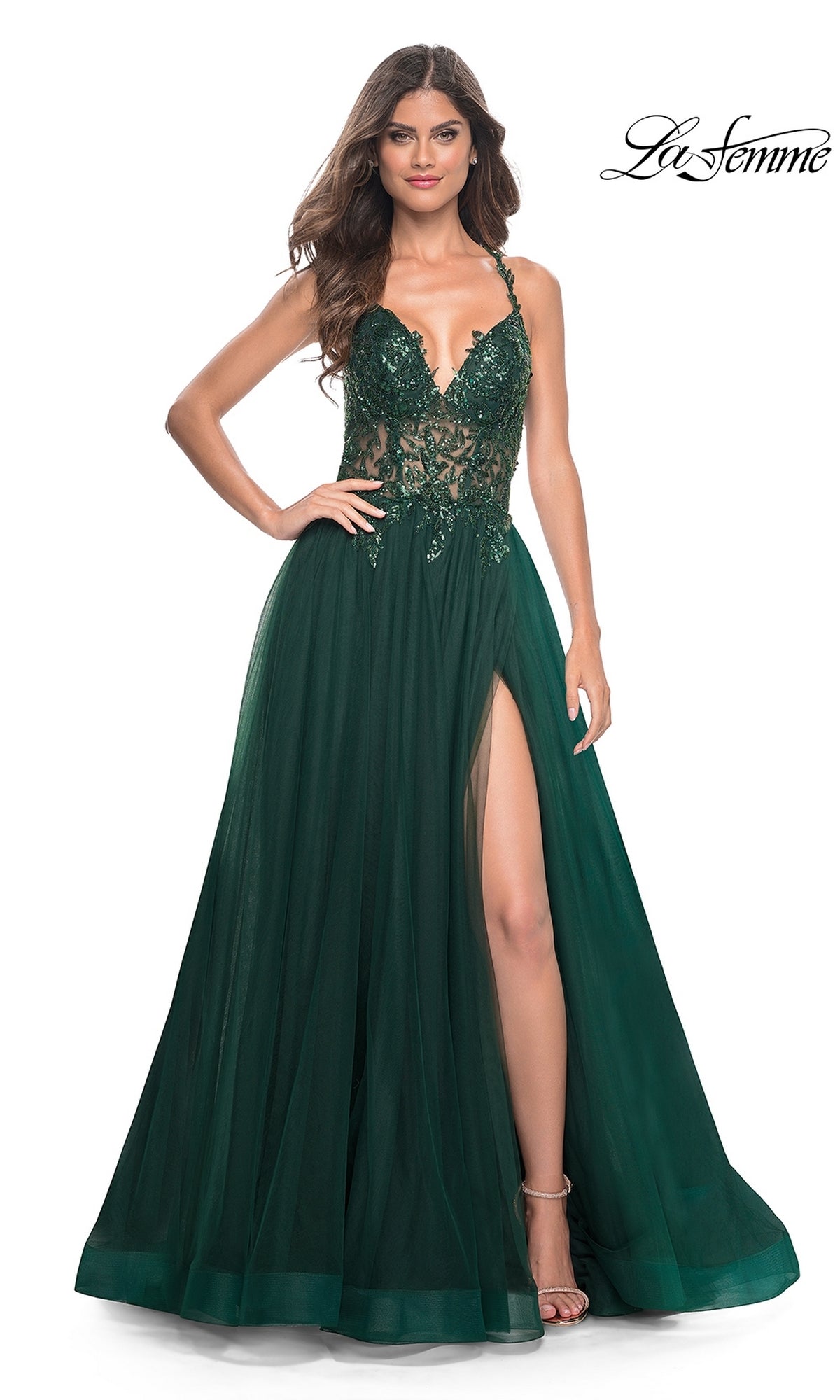 La Femme Beaded-Bodice Long A-Line Prom Gown 31471