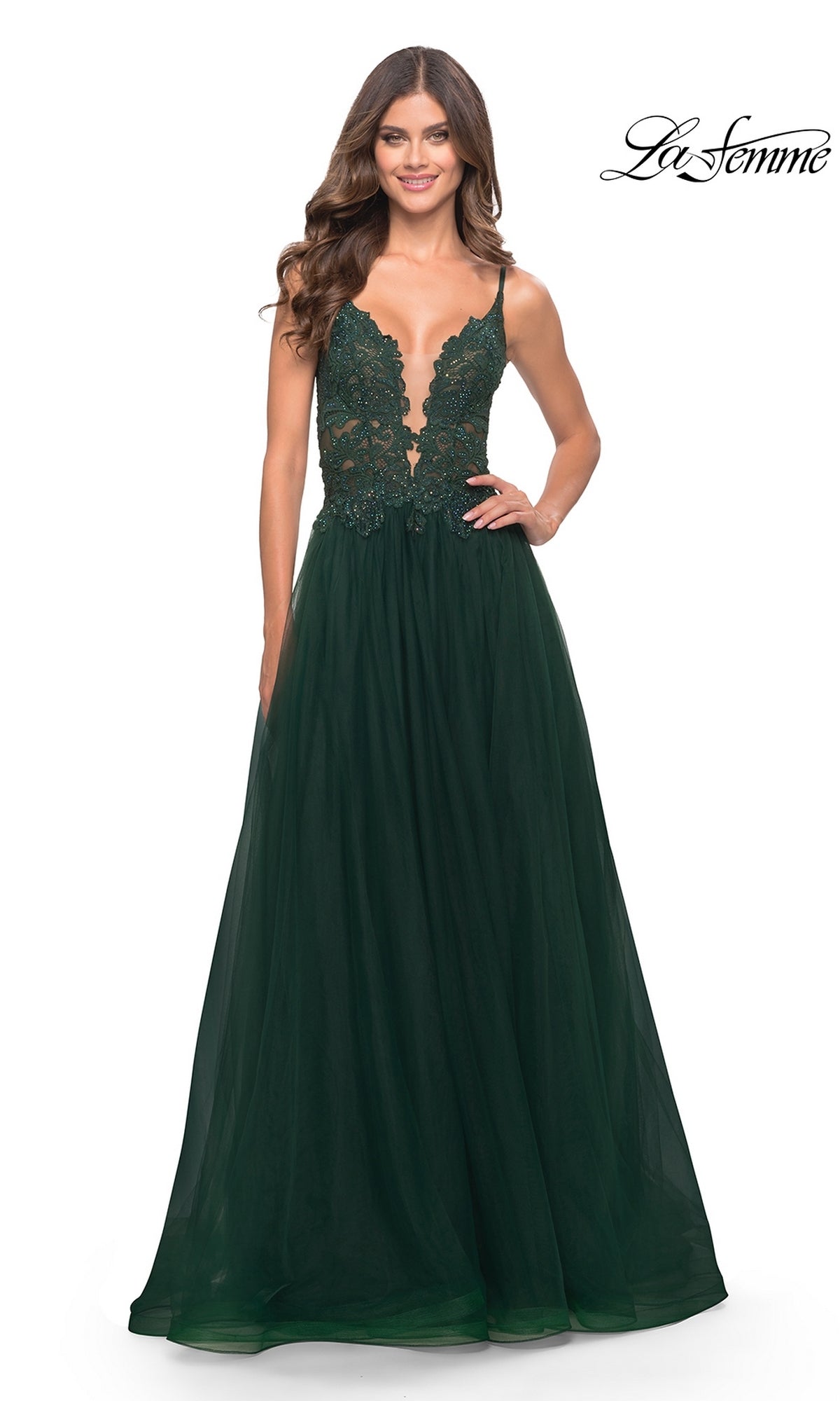 Lace-Bodice Long Tulle Prom Dress: La Femme 31507