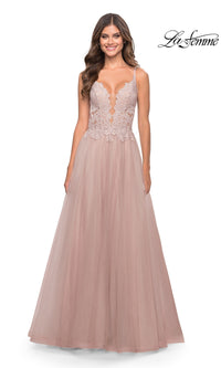 Lace-Bodice Long Tulle Prom Dress: La Femme 31507