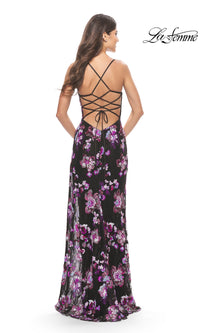 Floral-Print Long Black Prom Dress: La Femme 31597