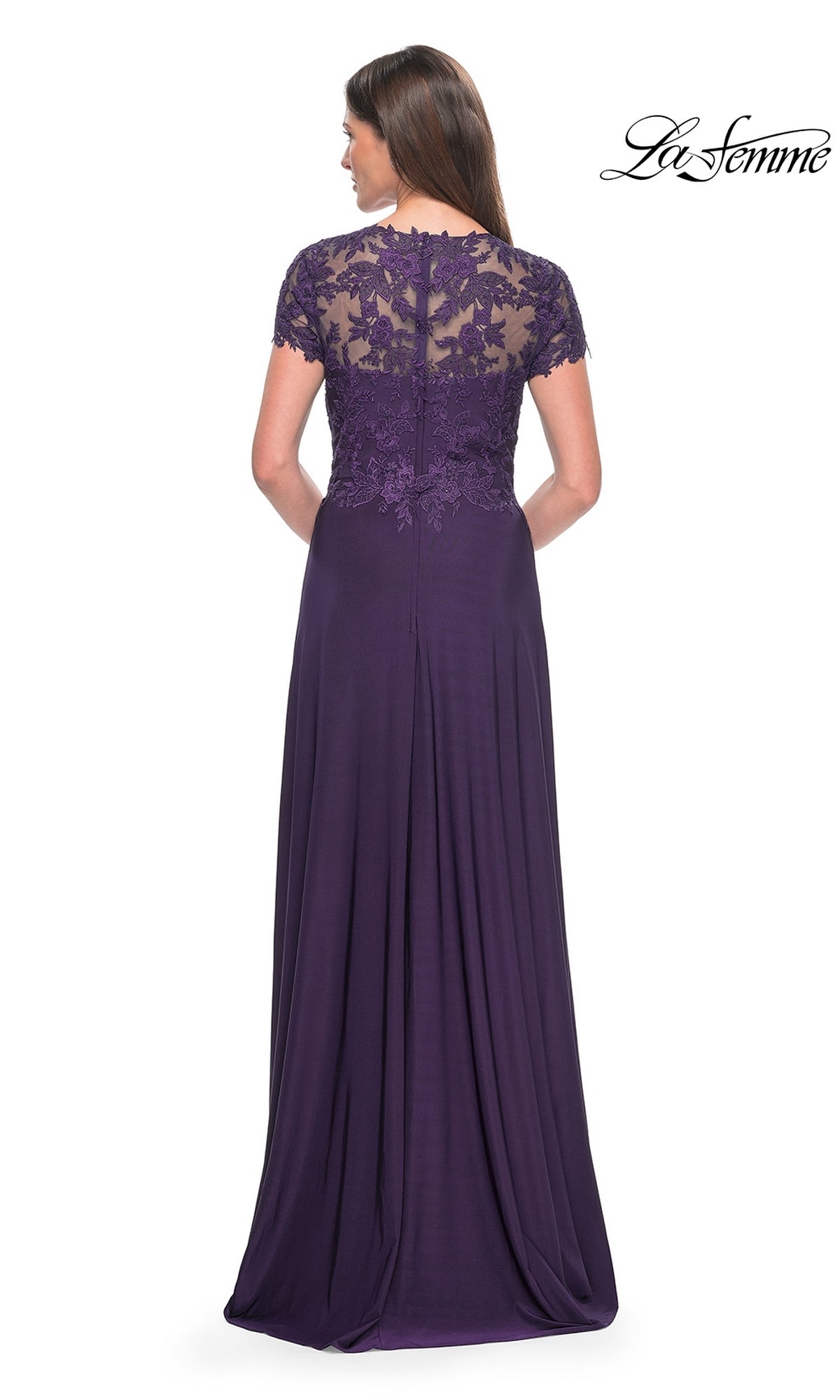 La Femme Cap Sleeve Long Purple Prom Dress 31906