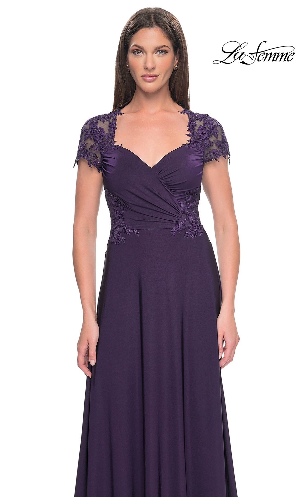 La Femme Cap Sleeve Long Purple Prom Dress 31906