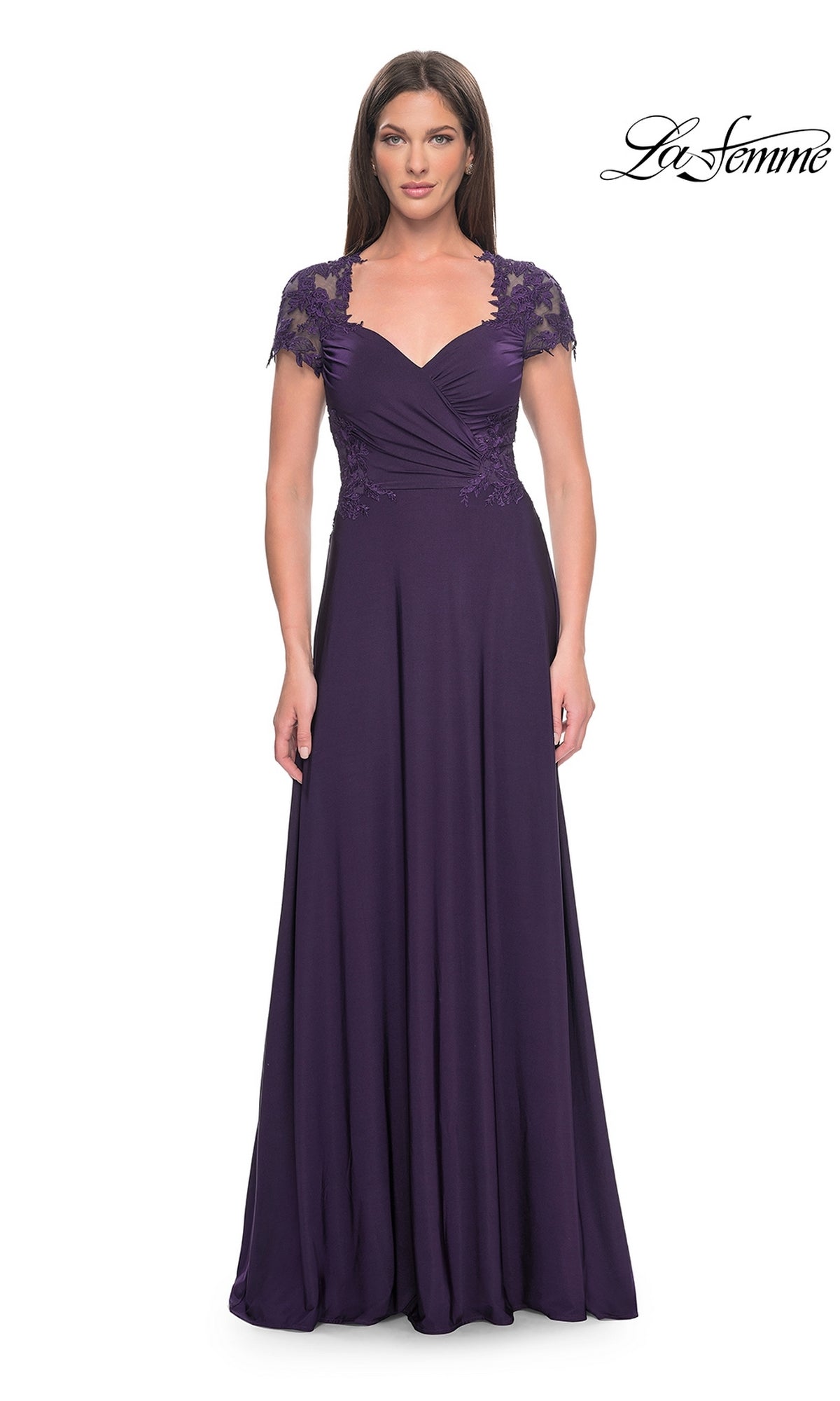 La Femme Cap Sleeve Long Purple Prom Dress 31906