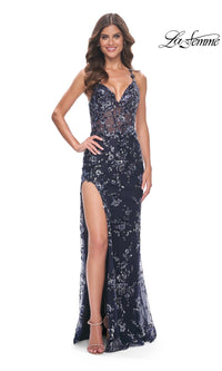 La Femme Sequin-Lace Long Navy Prom Dress 31916