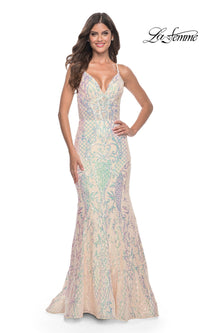 La Femme Sequin-Print Long V-Neck Prom Dress 31943