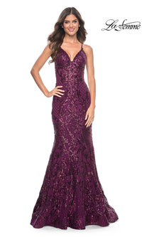 La Femme Sequin-Print Long V-Neck Prom Dress 31943