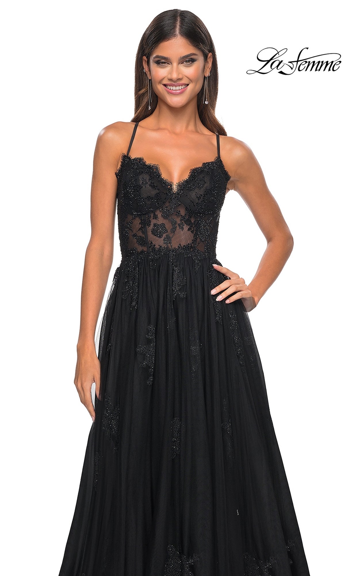 La Femme Sheer-Corset Long A-Line Prom Dress 32028