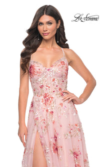 La Femme Floral-Sequin Long A-Line Prom Dress 32031