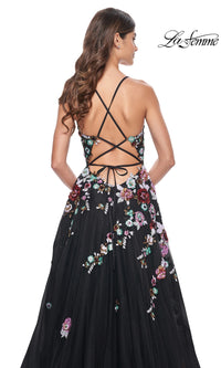 La Femme Floral-Sequin Long Black Prom Dress 32051