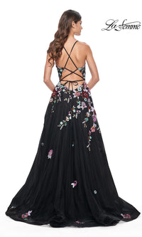 La Femme Floral-Sequin Long Black Prom Dress 32051