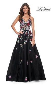 La Femme Floral-Sequin Long Black Prom Dress 32051