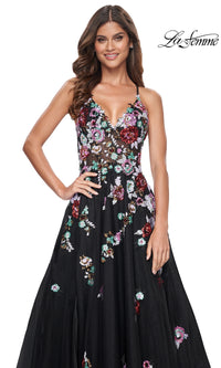 La Femme Floral-Sequin Long Black Prom Dress 32051