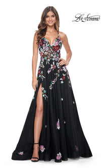 La Femme Floral-Sequin Long Black Prom Dress 32051