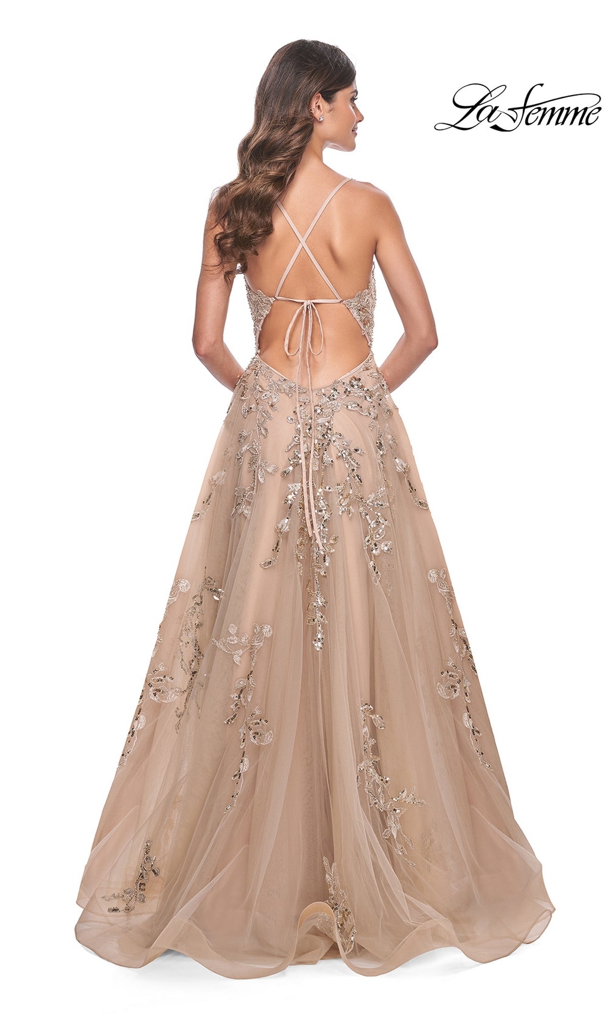 La Femme Sheer-Bodice Long Lace Prom Dress 32052