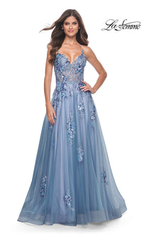 La Femme Slate Blue Long A-Line Prom Dress 32057