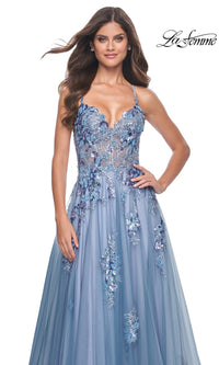 La Femme Slate Blue Long A-Line Prom Dress 32057