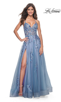 La Femme Slate Blue Long A-Line Prom Dress 32057