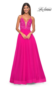 La Femme Deep V-Neck Long Tulle Prom Gown 32059