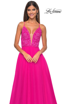 La Femme Deep V-Neck Long Tulle Prom Gown 32059