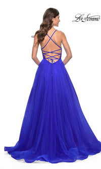 La Femme Deep V-Neck Long Tulle Prom Gown 32059