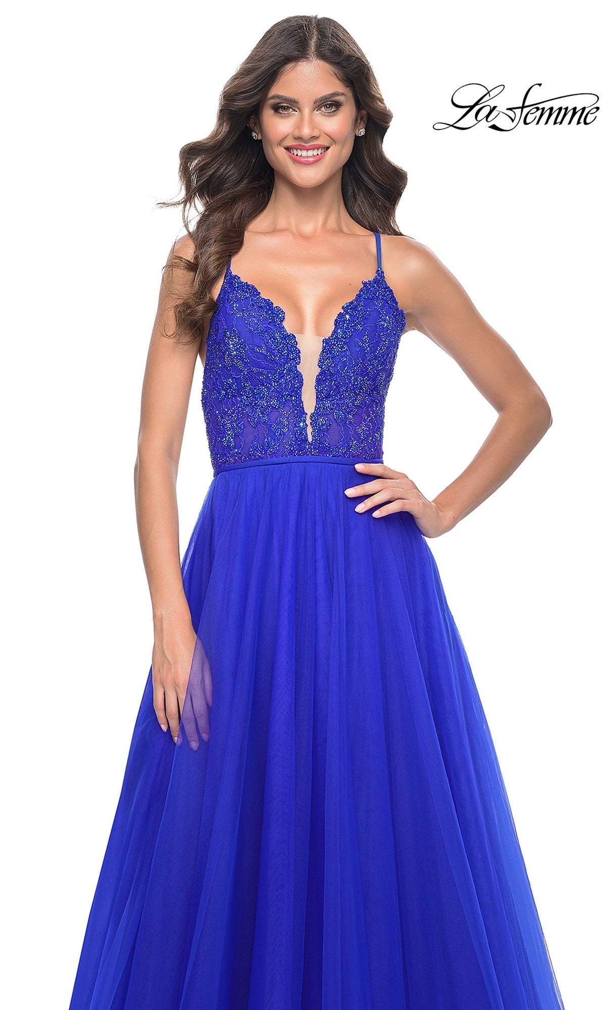 La Femme Deep V-Neck Long Tulle Prom Gown 32059