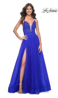 La Femme Deep V-Neck Long Tulle Prom Gown 32059