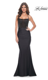 La Femme Long Black Corset Prom Dress 32064