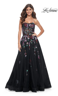 Le Femme Sequin-Floral Long Black Prom Dress 32072