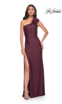 La Femme Feathered One-Shoulder Prom Dress 32076