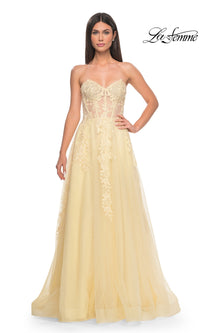 La Femme Strapless Long A-Line Corset Prom Dress 32082