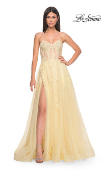 La Femme Strapless Long A-Line Corset Prom Dress 32082