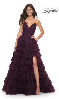 La Femme Lace-Up Long Tiered Prom Dress 32086