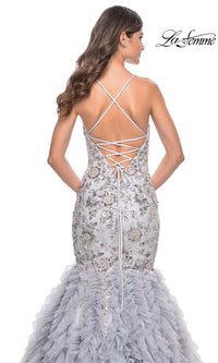 La Femme Silver Ruffled Long Prom Dress 32105