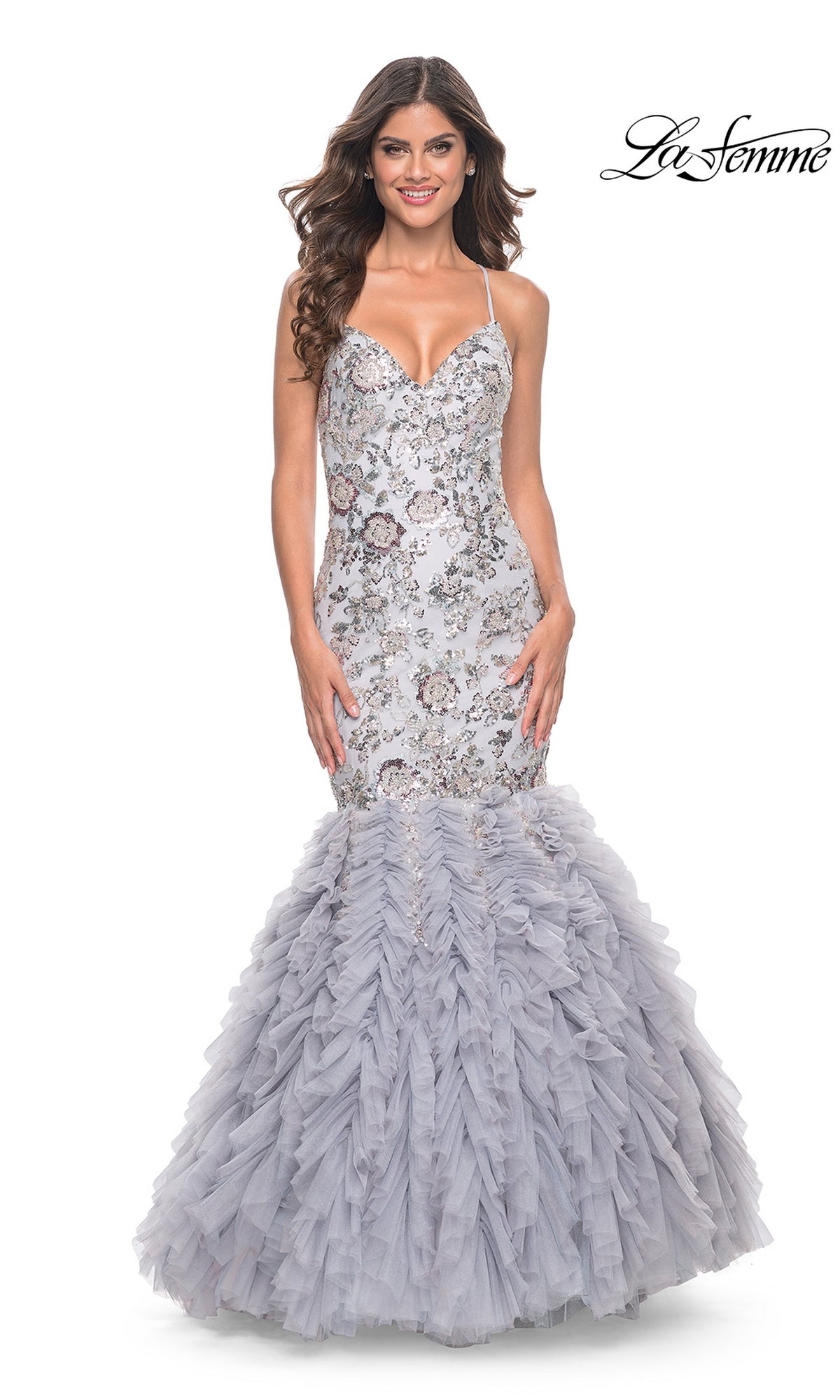 La Femme Silver Ruffled Long Prom Dress 32105