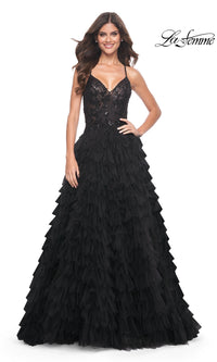 La Femme Long Black Ruffled Prom Ball Gown 32108