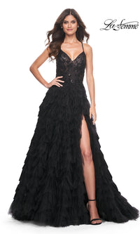 La Femme Long Black Ruffled Prom Ball Gown 32108