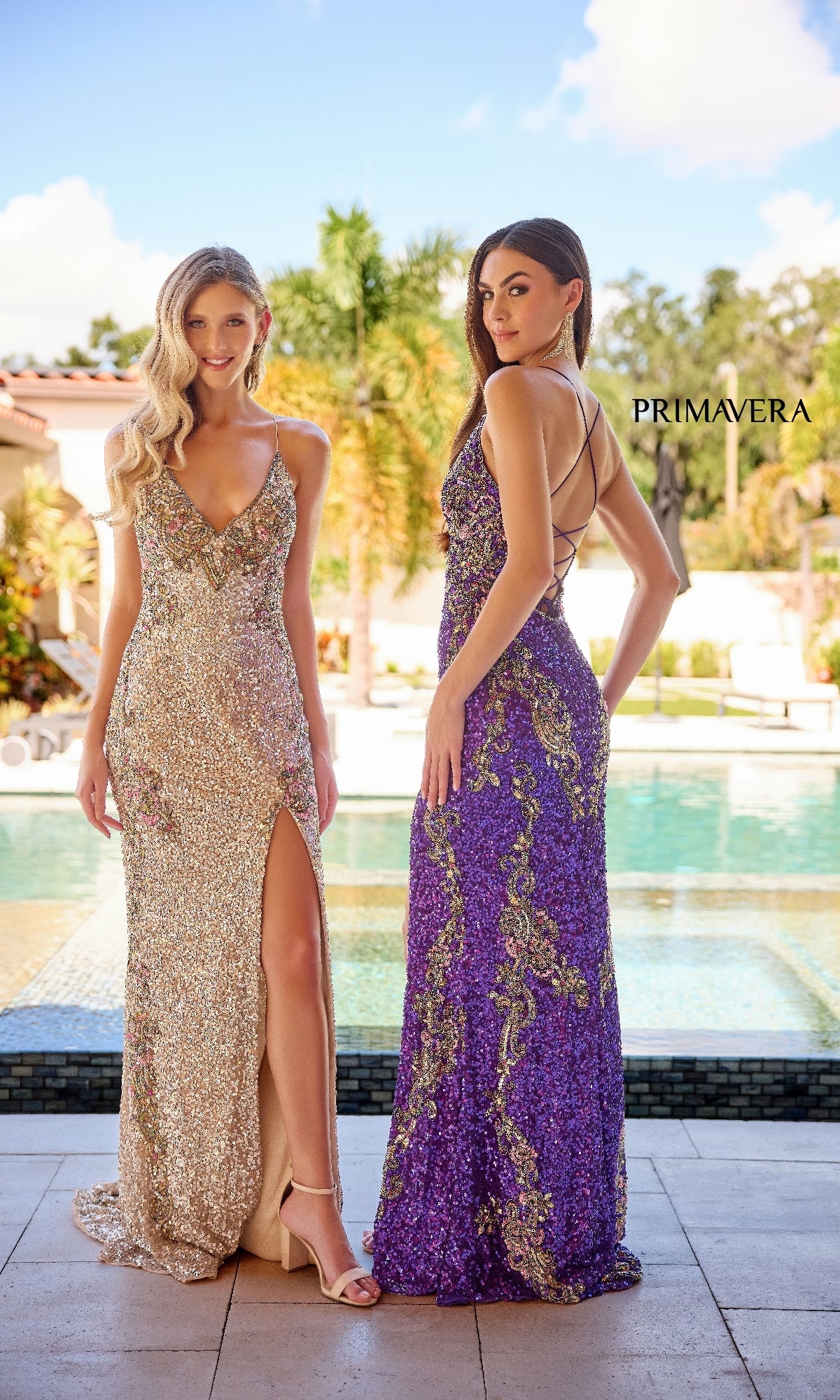 V-Neck Sequin Long Prom Gown with Lace-Up Back