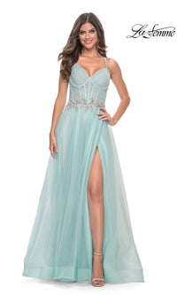 La Femme Sheer-Bodice Long A-Line Prom Dress 32117