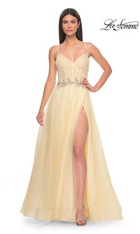 La Femme Sheer-Bodice Long A-Line Prom Dress 32117