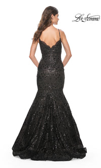 La Femme Black Sequin-Print Long Prom Dress 32118