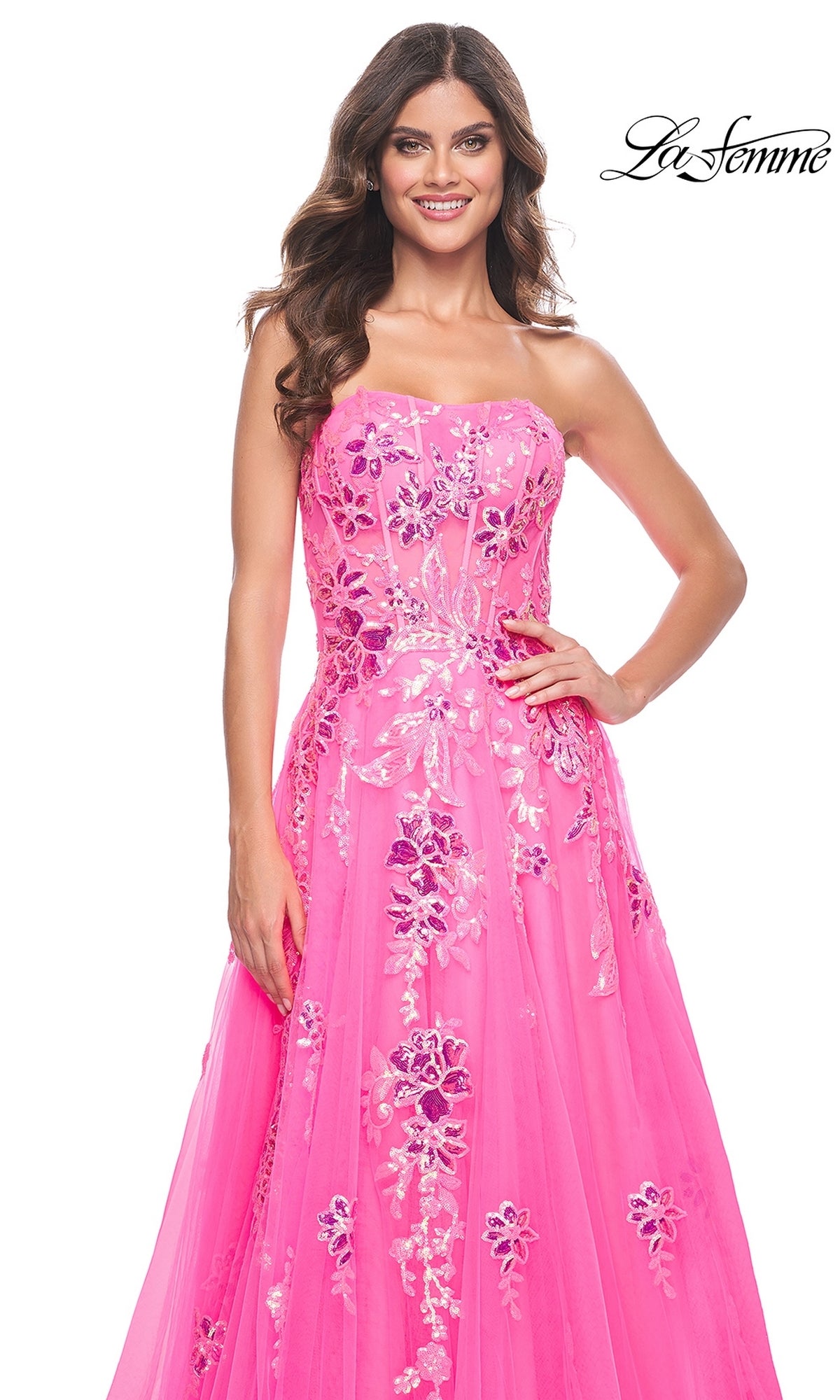 La Femme Neon Pink Long Prom Ball Gown 32137