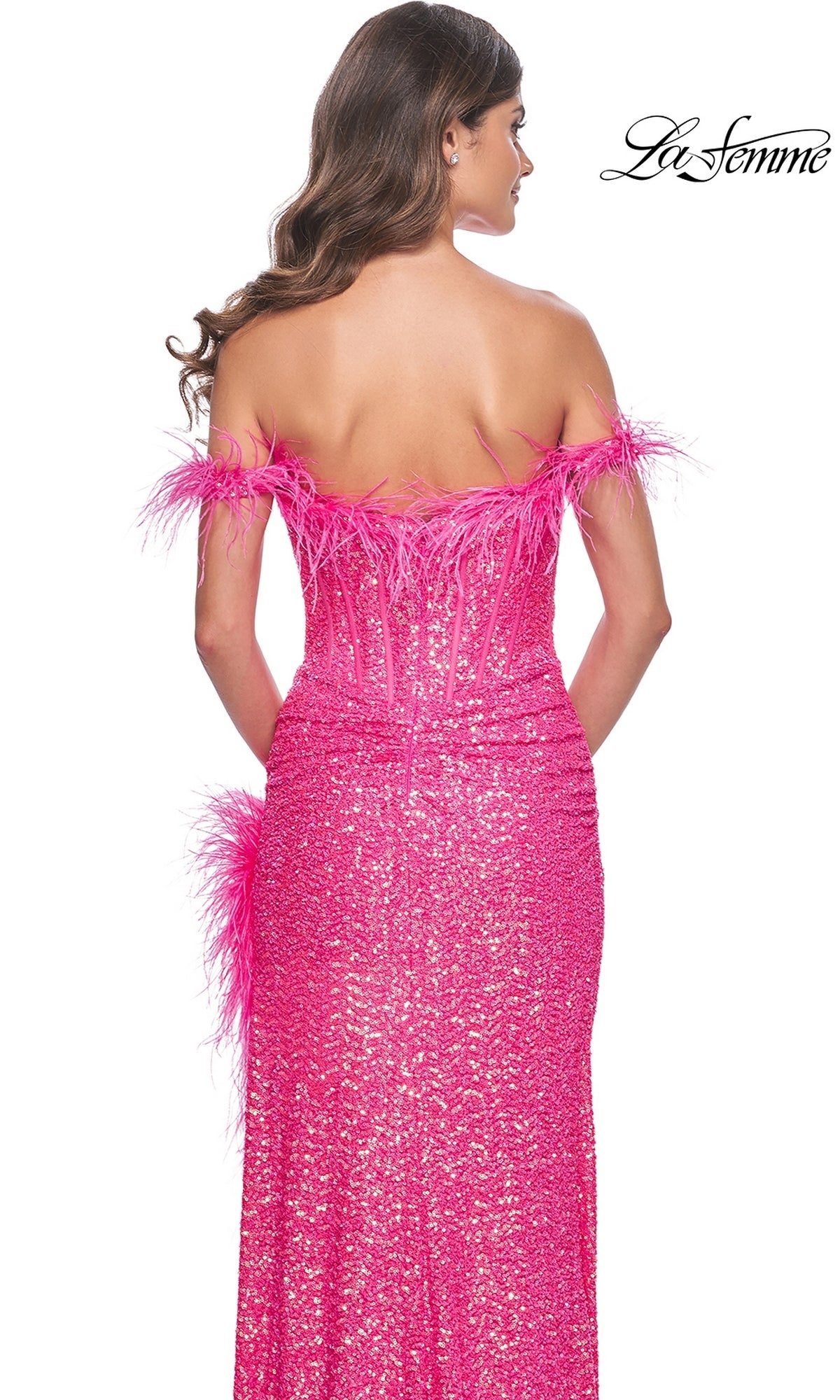 La Femme Feather Long Pink Sequin Prom Dress 32150