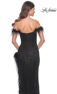 Feather-Trim La Femme Long Black Prom Dress 32151