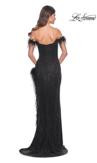 Feather-Trim La Femme Long Black Prom Dress 32151