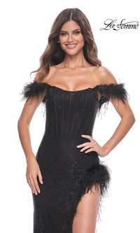 Feather-Trim La Femme Long Black Prom Dress 32151