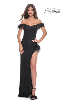 Feather-Trim La Femme Long Black Prom Dress 32151