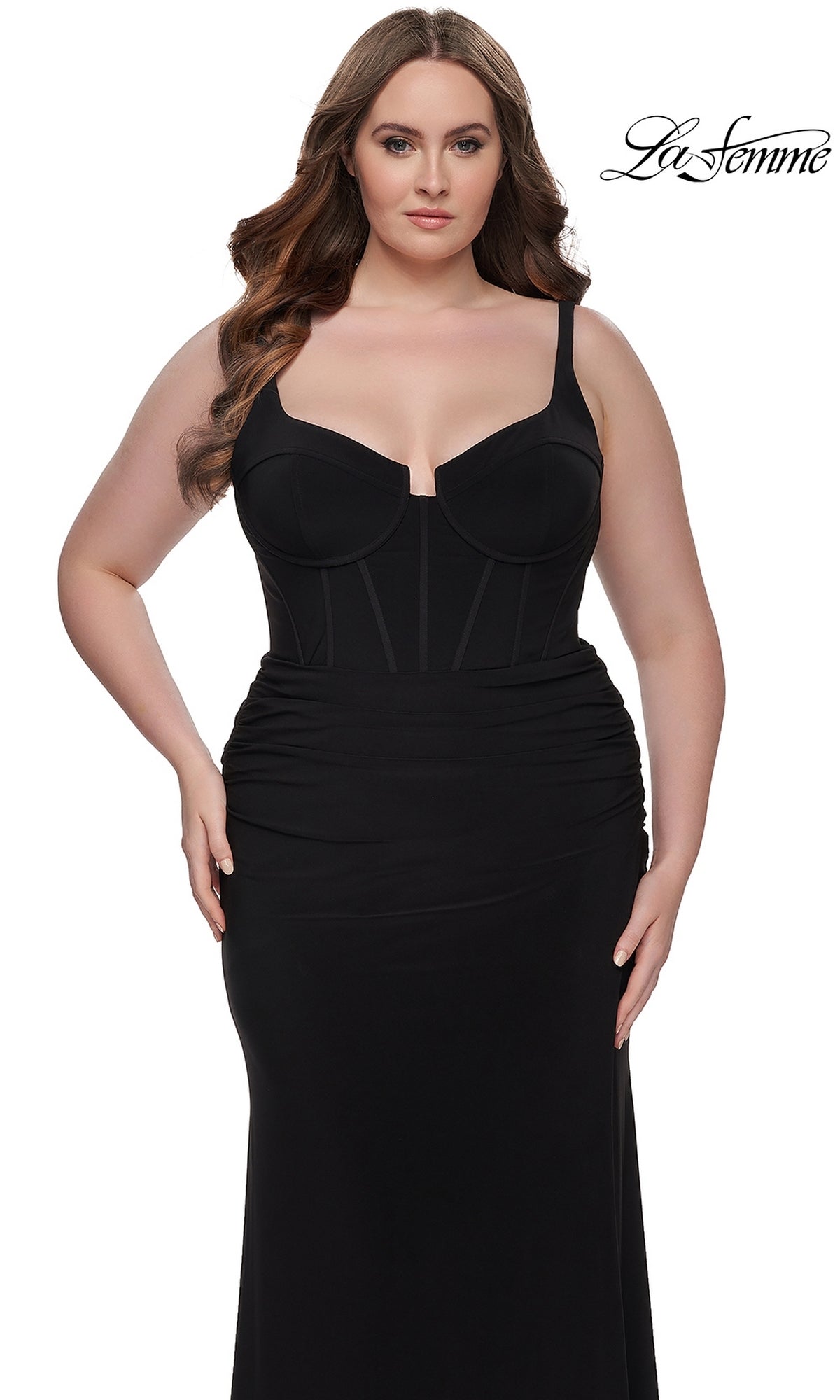 La Femme Plus-Size Long Lace-Up Prom Dress 32190