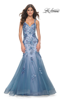 La Femme Slate Blue Long Mermaid Prom Dress 32192